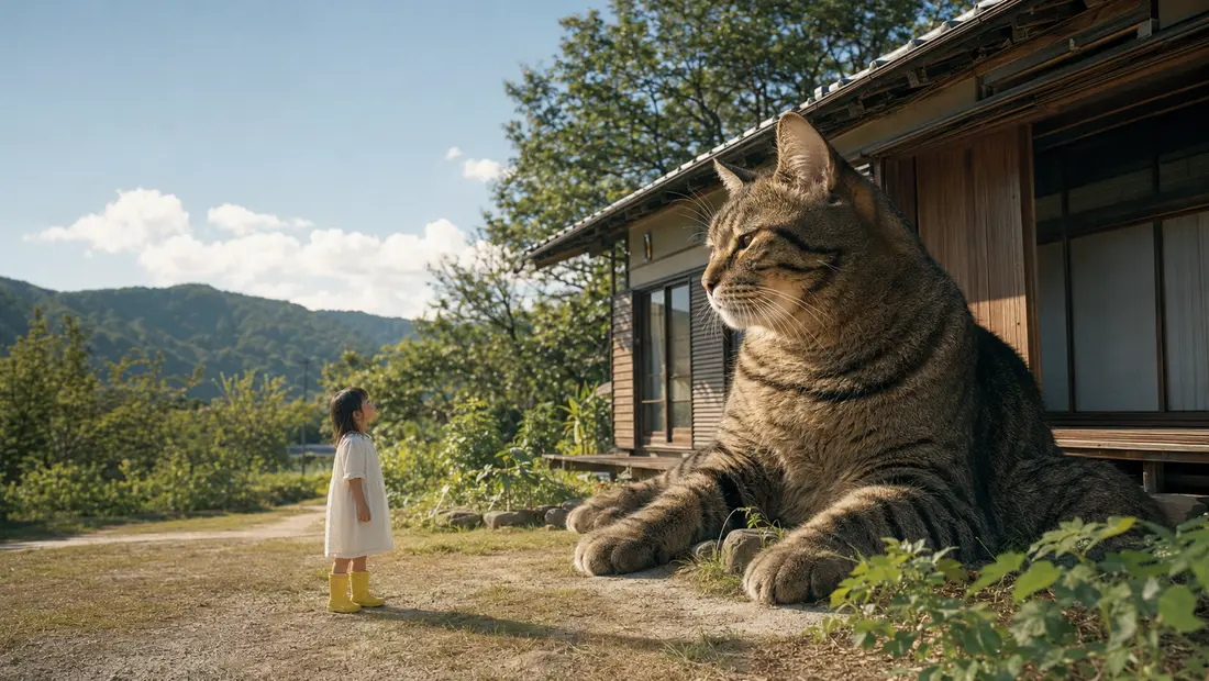古民家の前にいる巨大な猫と少女
